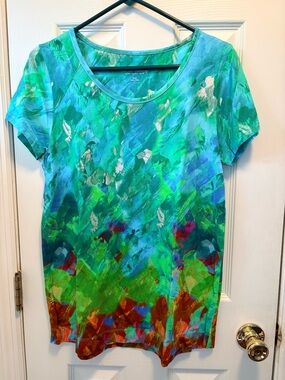 Women's Soft Surroundings Abstract Scoop Neck Tee - Turquoise Green Red Size S